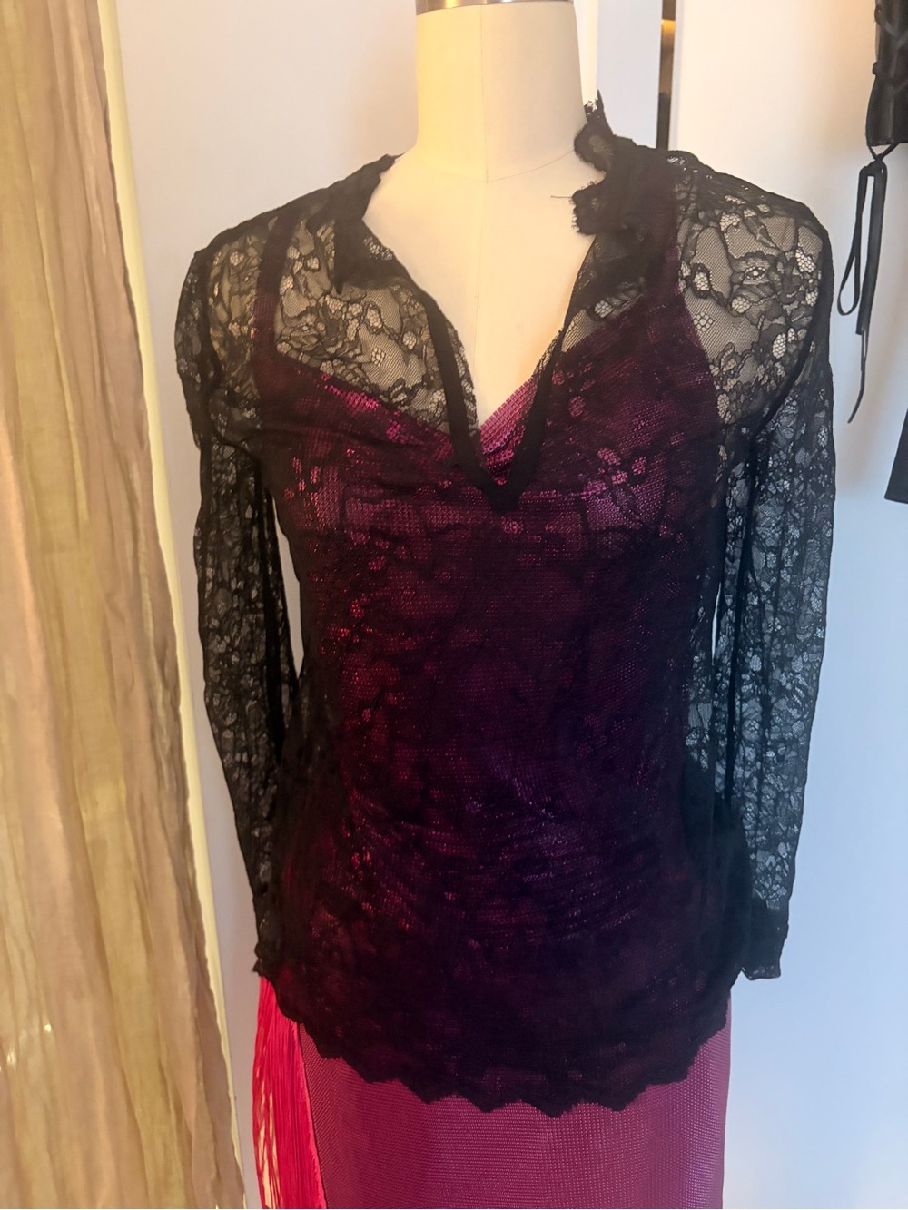 Theory Black Lace Overlay Top with Deep Plum Slip